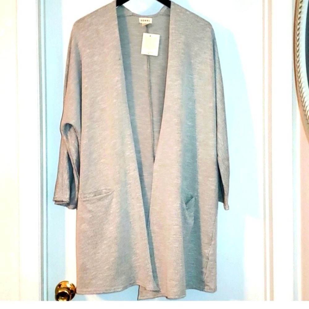 DONNI Ribbed Sweater Coat Cardigan OSFA Gray New with Tags Open‎ Front Pockets